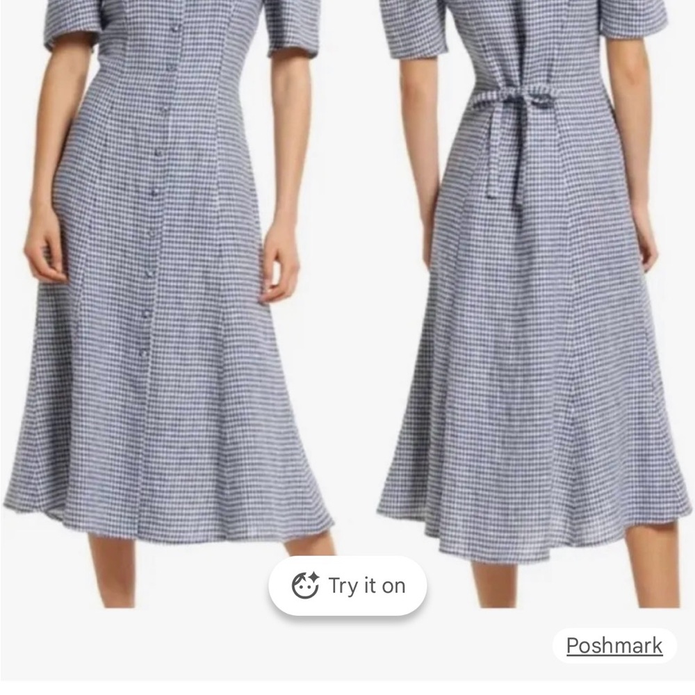 Reformation Newbury Check Puff Sleeve Midi Dress Blue